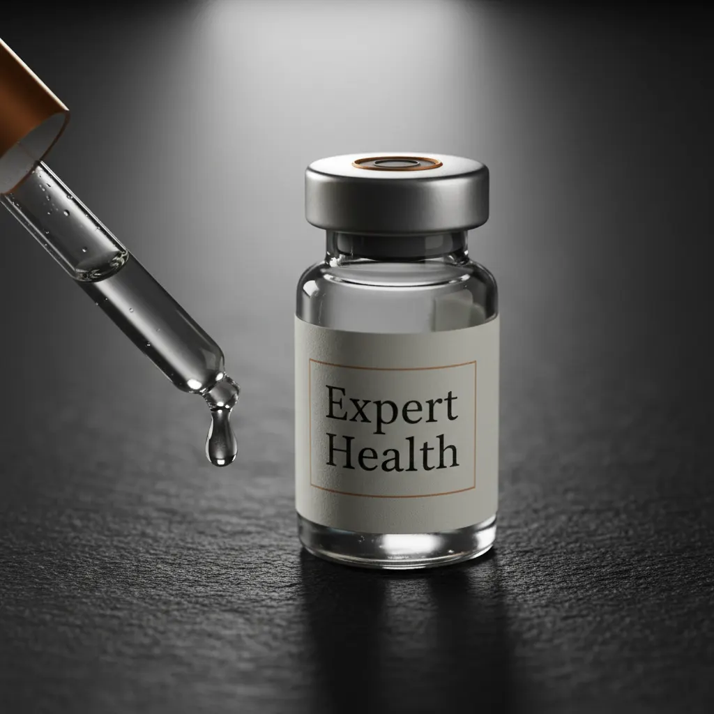 Macro of an Expert Health vial and dropper on a dark surface